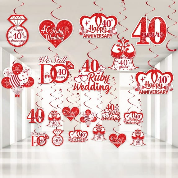 24 Pieces 40th Anniversary Hanging Swirls Decorations, 40th Ruby Wedding Anniversary Hanging Swirls Ceiling Decorations for Couple, Happy Anniversary Valentine Party Supplies
