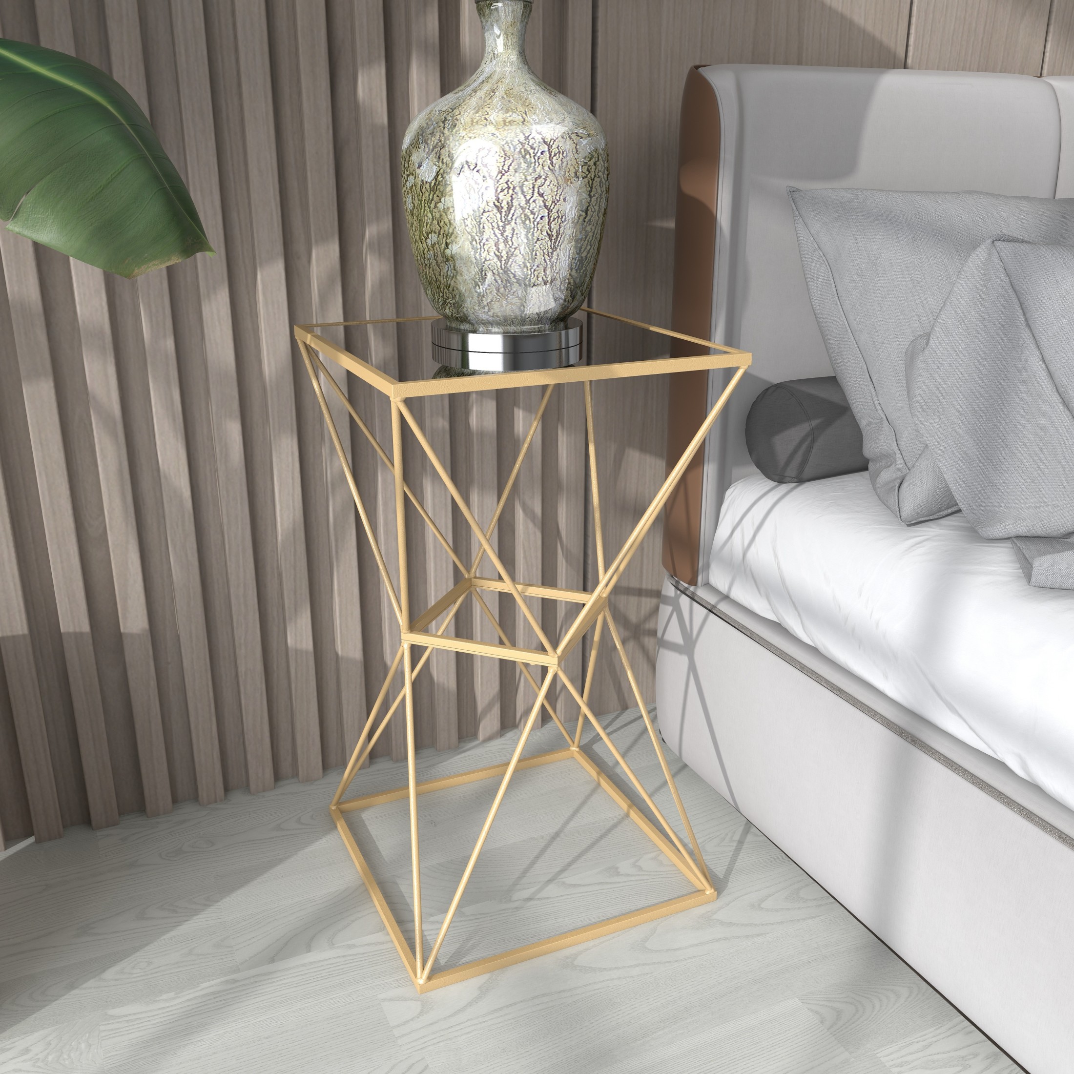DecMode 16" x 28" Gold Metal Geometric Accent Table with Mirrored Glass Top, 1-Piece