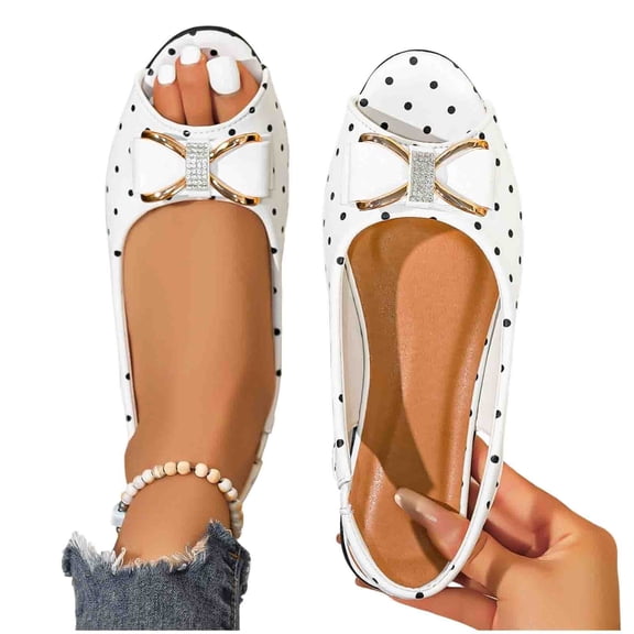 Gpaecead Women's Polka Dot Metal Bow Flat Slingback Shoes Open Toe Slip On Soft Sole Comfort Casual Vintage Shoes, White