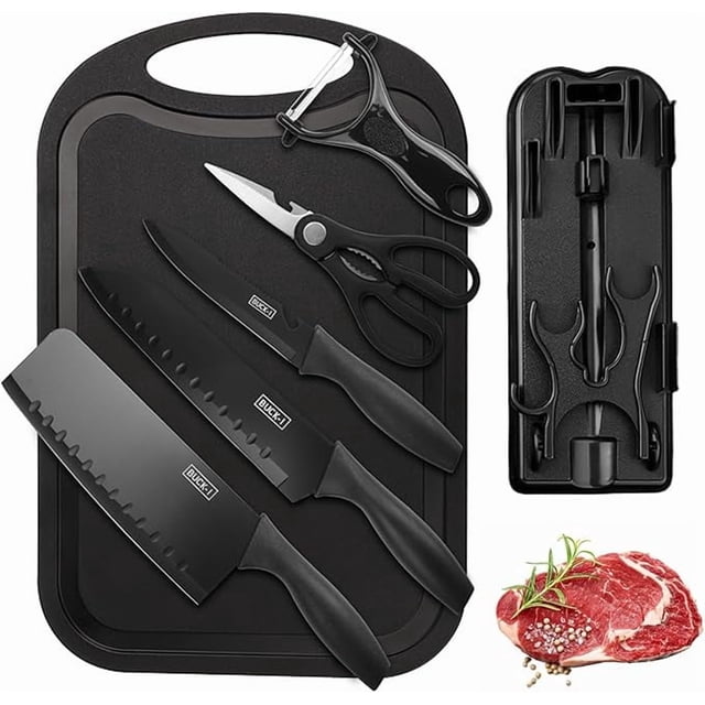 Juego de Cuchillos Xtellar de Cocina 7 Piezas, Juego de Cuchillos de Chef, Cuchillos Afilados y No Pegajosos, Adecuado para Cortar Pelar Rebanar y Cocinar negro
