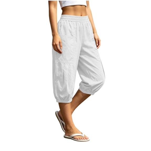 Jalioing Women's Capri Pants Casual Summer Elastic Waist Cropped Trousers Solid Color Loose Cuffed Capris with Pocket