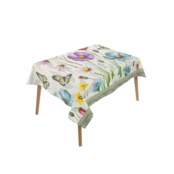 Spring Flowers Rectangle Tablecloth, Retro Boho Botanical Florals Butterfly Waterproof & StainResistant Tablecloth, Washable Oil-proof Table Cover for Dining/Party/Wedding/Camping/Buffet 52x70 In