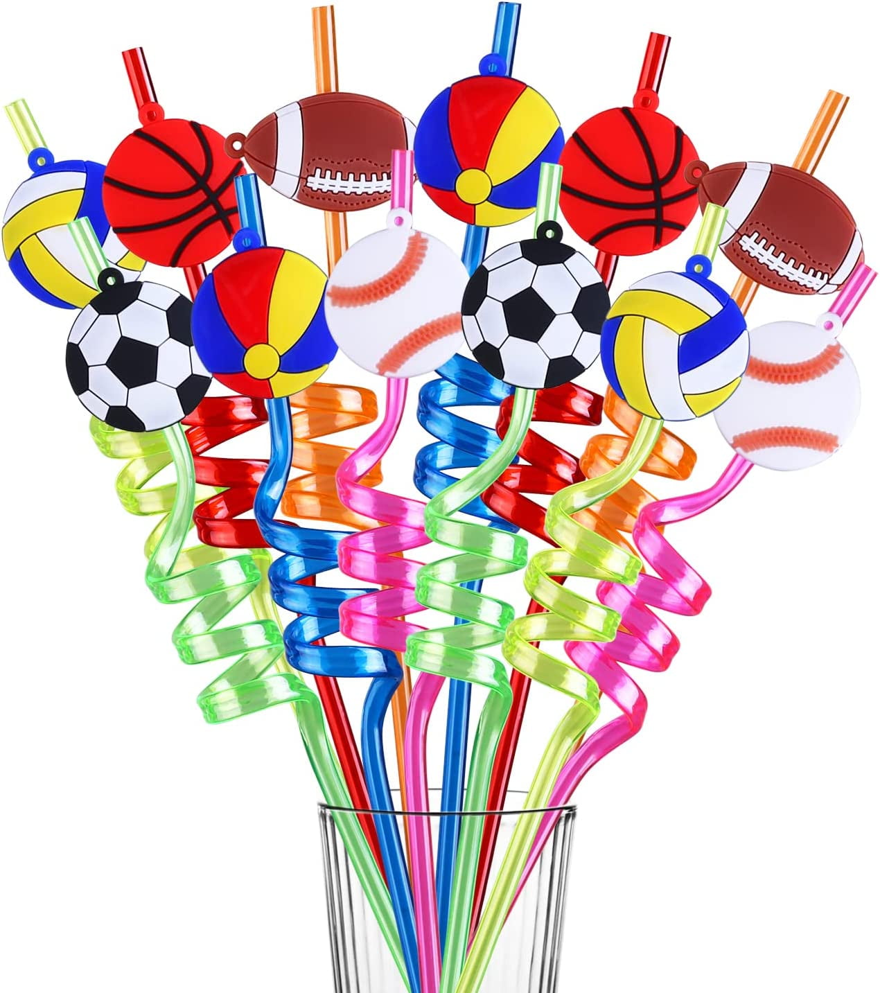 24 Game Day Sports Party Favors Basketball Football Baseball Soccer Tennis Volleyball Foam Balls Touchdown Drinking Straws