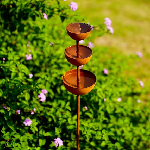 Metal Rain Catcher Plant Support,  Garden Stake with Water Bowl, Decorative Rain Chain Water Feature for Patio, Yard Art