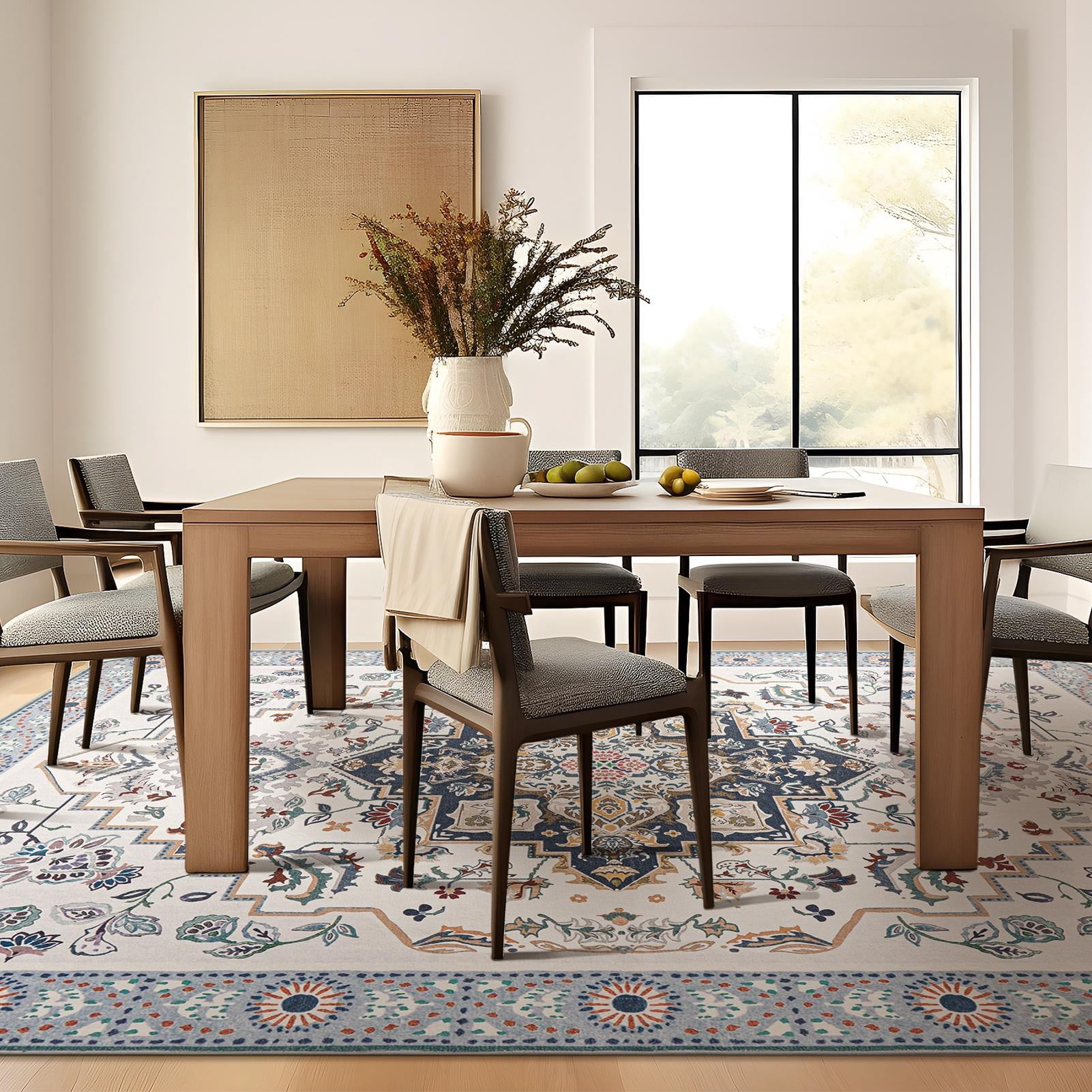 Phantoscope Vintage Medallion Rug — Non-Slip Living Room Rug, 8' x 10', Sand & French Blue