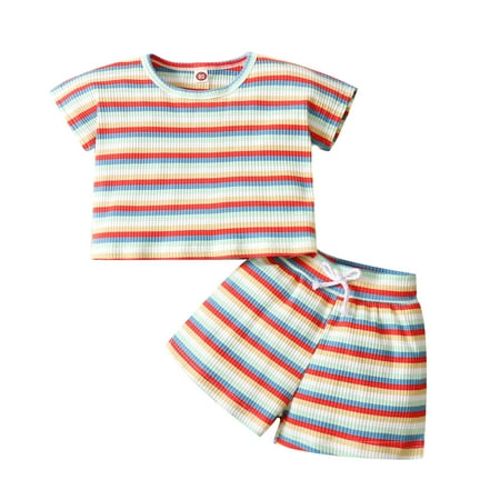 

Fesfesfes Toddler Boys Girl Color Stripes Print Short Sleeve Clothes Summer Two-piece Sute