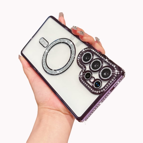 Glitter Phone Case for Samsung Galaxy S26 Ultra, with Camera Lens Protector Diamond Bling Magnetic Cover Compatible with Magsafe Stylish Cover, Darkpurple