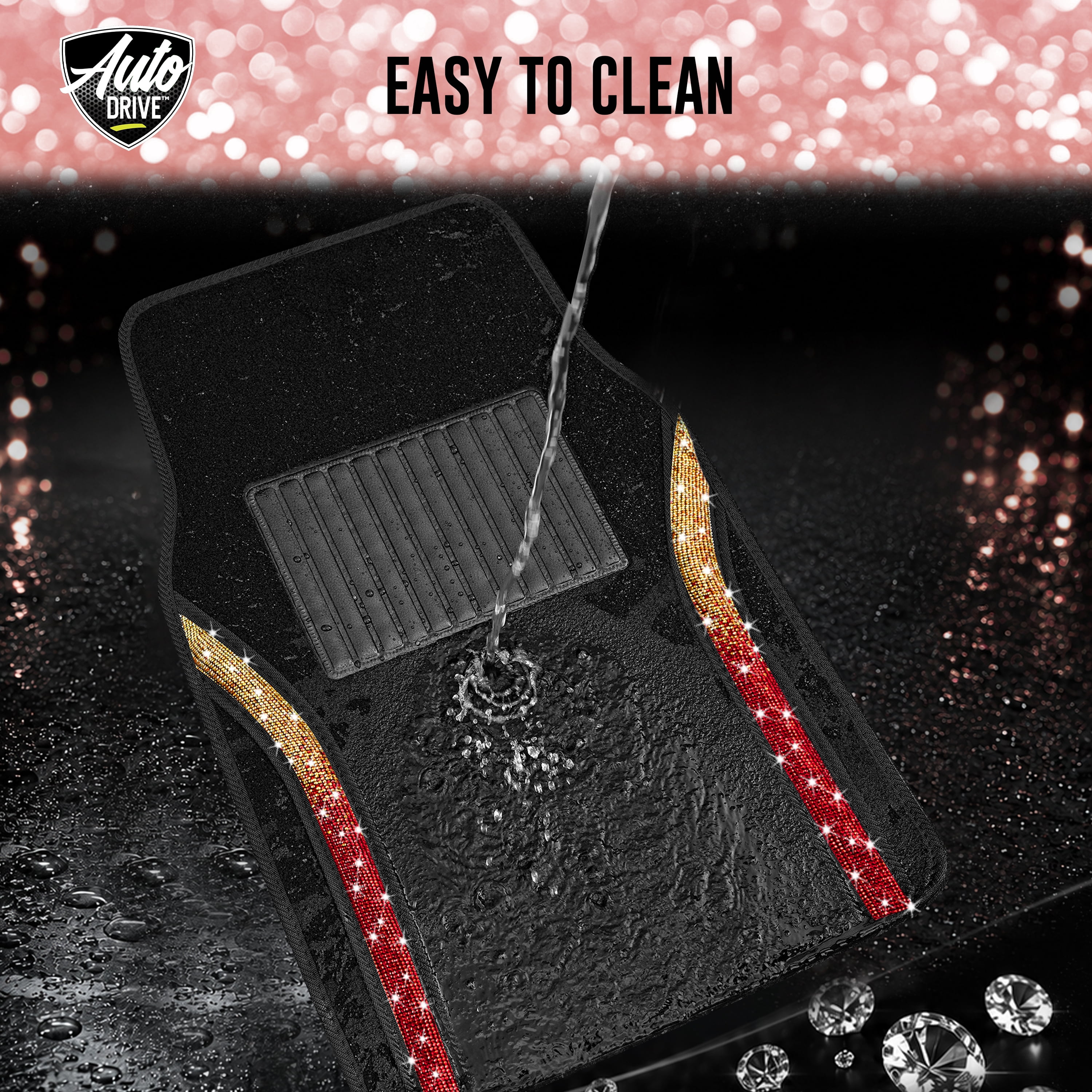 Auto Drive Bling Diamond Car Floor Mats, 4-Piece Glitter Carpet Set, Universal Fit for Cars，SUVs Orange Red