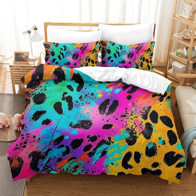 Ensemble de Housse de Couette à Imprimé Léopard Coloré, Ensemble de Literie Moderne pour Ados et Adultes, Déco de Chambre, Simple (68"x86 Pouces)