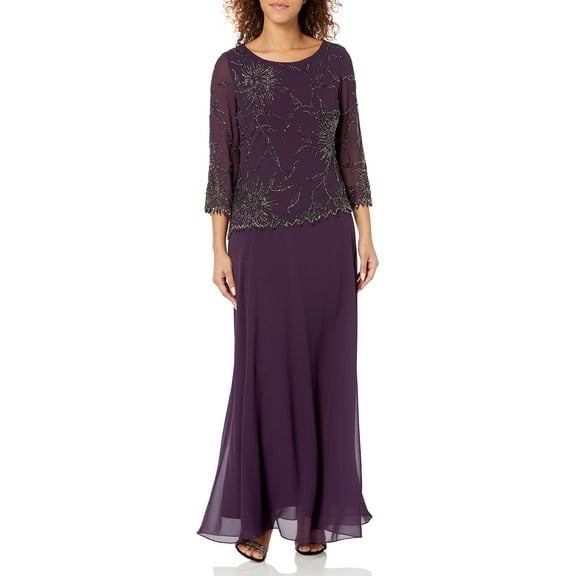 J Kara Women 3/4 Sleeve Beaded Floral Asymmetrical Dress Plum/Shaded/Mercury, 8