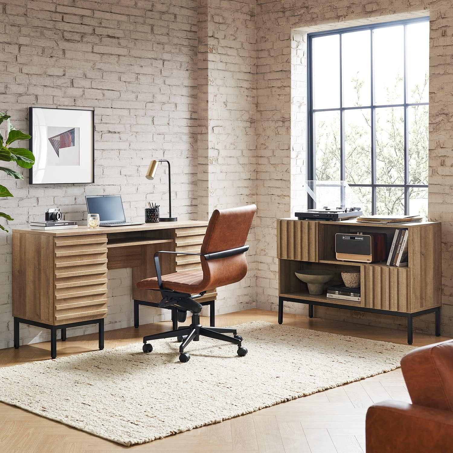 Mopio Norwin Executive Desk for Home Office, Industrial Farmhouse, Dual Cabinets, Metal Legs (Riviera Oak)