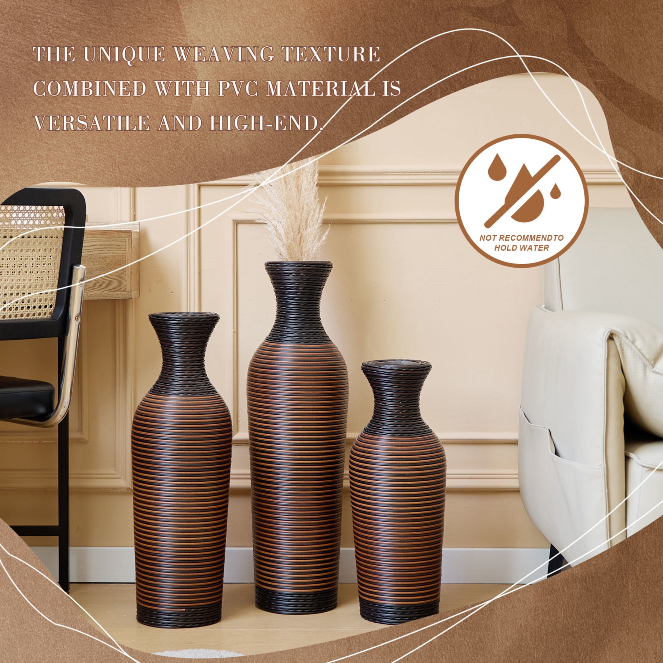 Noble House 19.69", 23.62", 27.56" PVC Floor Vase Set of 3, Hand-Woven Rattan-Like, Black + Brown