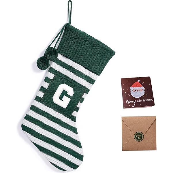 wonima02 Christmas Stockings with Initials, 16.5’’ Large Embroidered Monogram Knit Christmas Stocking,Xmas Stocking for Kids, Holiday and Family, Fireplace Hanging Decoration(Green Striped G)