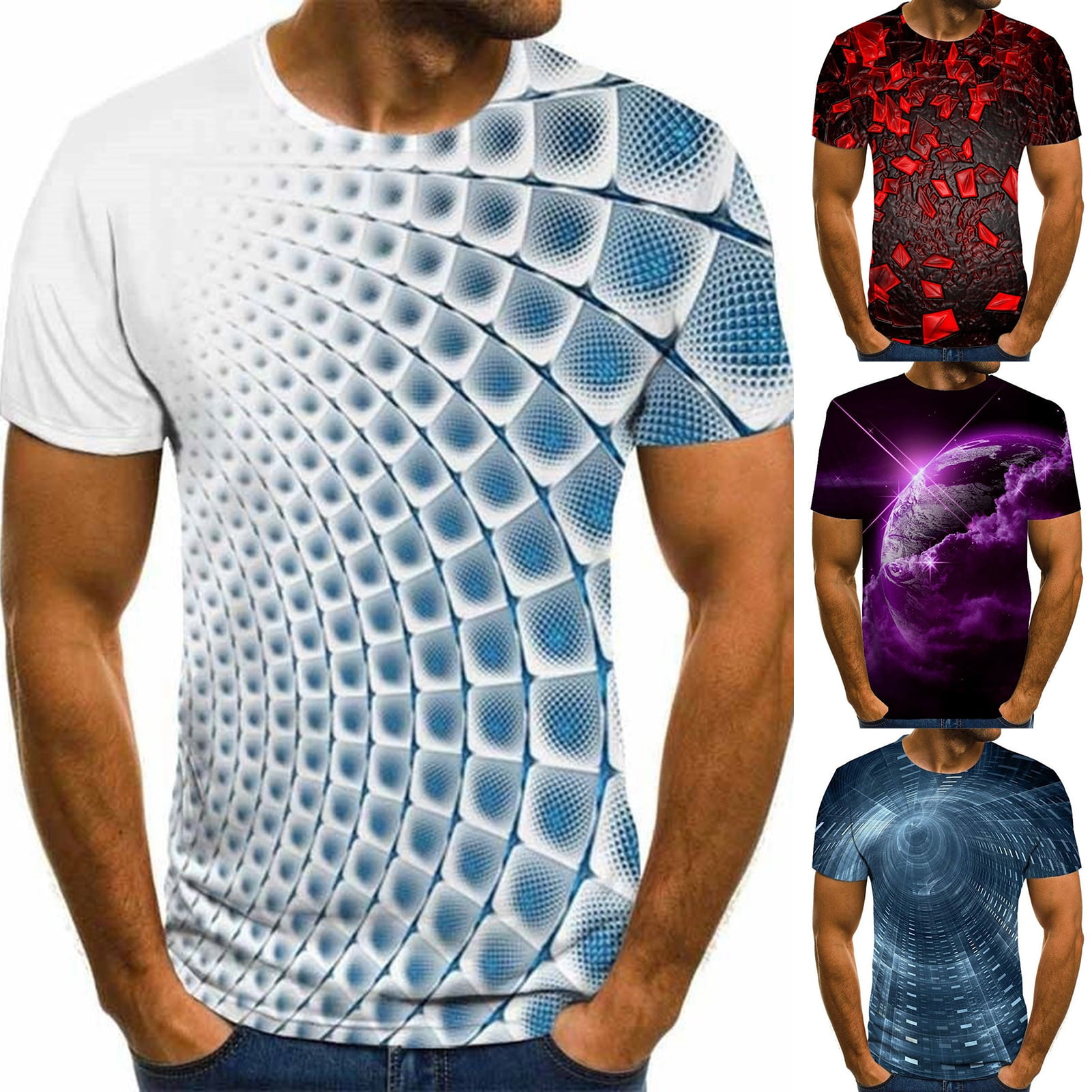 Transser Mens Tee Shirts Crew Neck Slim-Fit 3D Print Quick Dry Short Sleeve Cotton Breathable Summer T-Shirt 