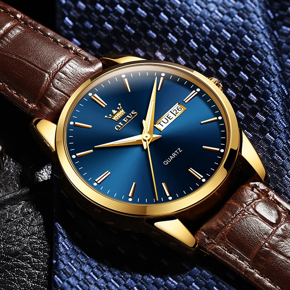 OLEVS Mens Watches,Brown Leather Watch for Men,Gold Case Analog Quartz Fashion Business Dress Watch Day Date Luminous Waterproof Casual Male Wrist Watches Reloj para Hombre