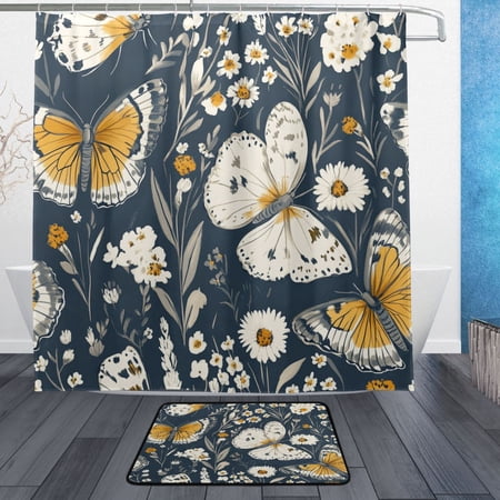 Garden Blooms and Butterflies Bathroom Accessory Sets Waterproof Shower Curtain with Anti-Slip Bath Mat Durable Combo
