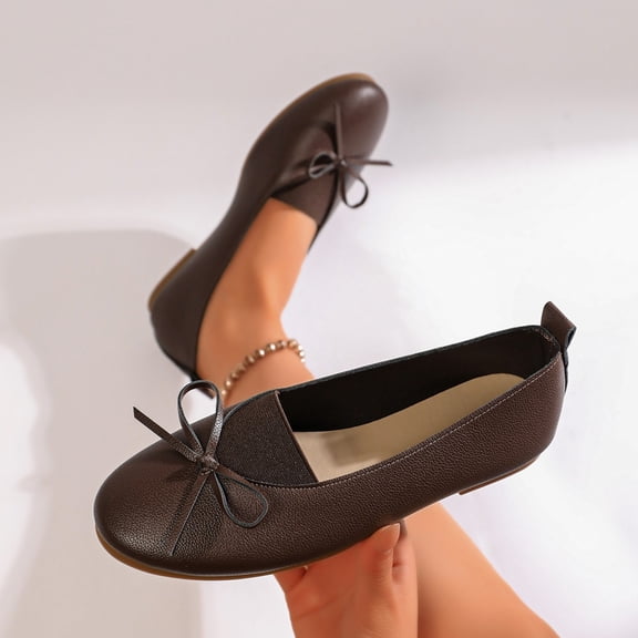 Viluyesy Ballet Flats for Women Bow Decor Round Toe Slip On Comfortable Casual Dress Work Shoes Everyday Walking Brown Size 5.5