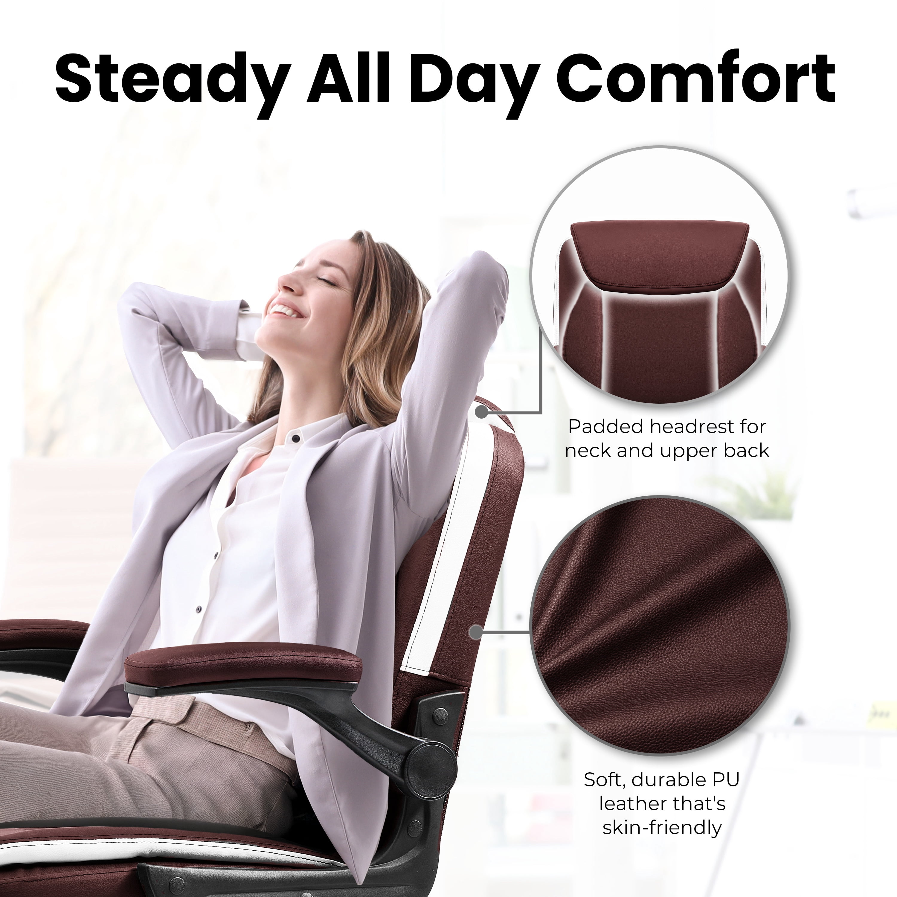 NEO CHAIR Desk Office Gaming Computer Chair Ergonomic Executive Mid-Back Leather with Adjustable Padded Flip-Up Armrests Cushion Wheels Swivel for Home Study Task (Brown)