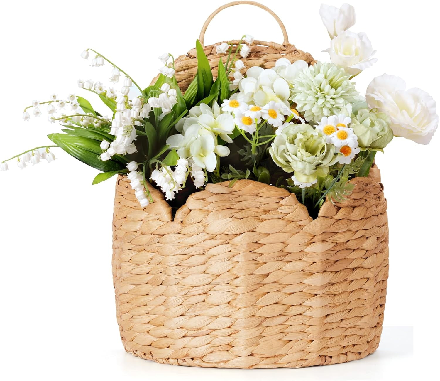 Scalloped Hanging Wall Basket Planter, Handwoven Water Hyacinth Wicker Basket for Front Door Decor, Farmhouse Wall Organizer for Flowers, Mail & Storage, Rustic Indoor Outdoor Home Decoration