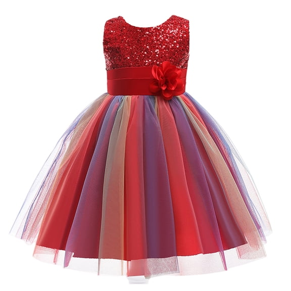 YOUYEDIAN Sequin Flower Girl Dress Tulle Sleeveless Rainbow Dress for Wedding Party (Red, 3-4 Years)