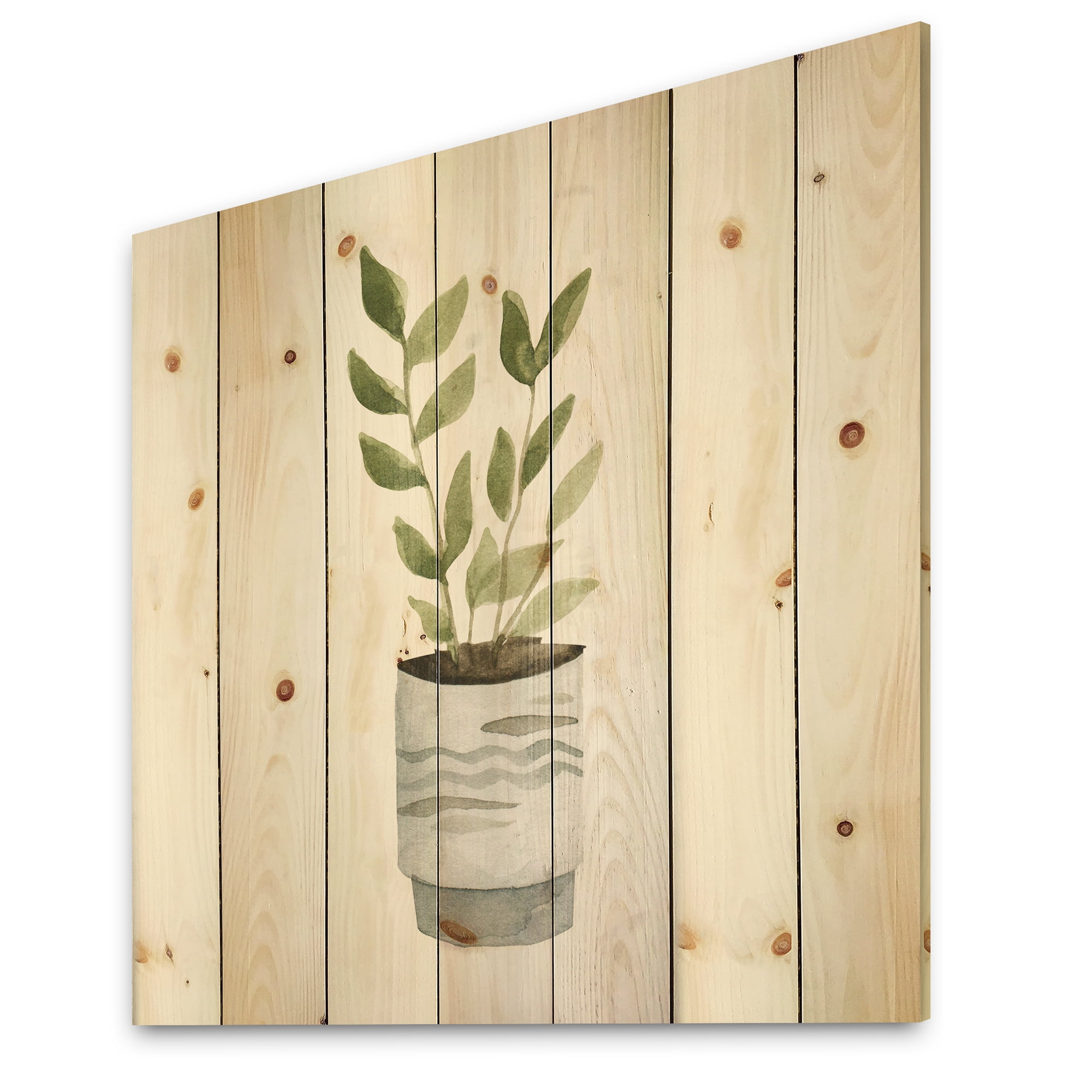 Designart 'Indoor Green Home House Plants in Pots II' Traditional Print on Natural Pine Wood