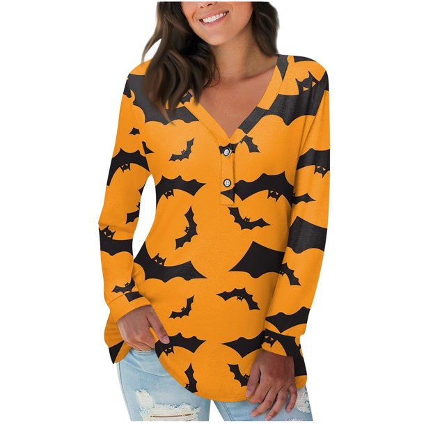 ICHUANYI Clearance Women's V-Neck Casual Long Sleeve Printed Buttoned Basic Ruched Tunic Tops T-shirts Blouses(Orange, L) ICHUANYI WER2023081512592