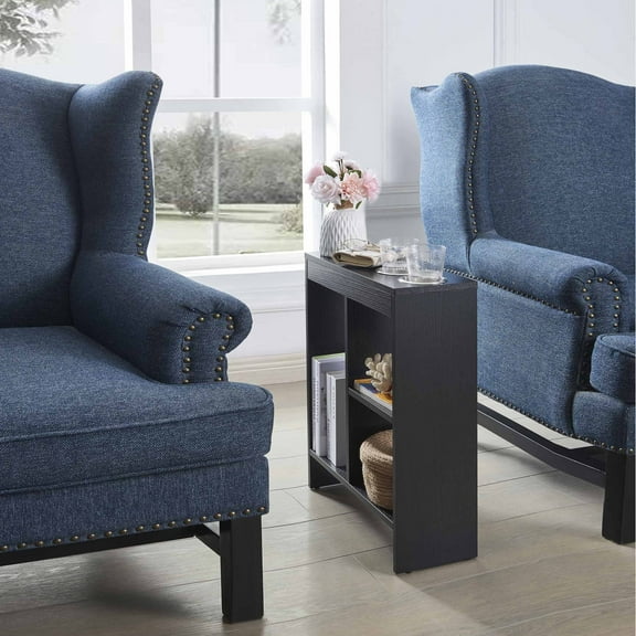 Kings Brand Furniture Narrow Side End Table with Drink Holders & Storage Shelves, Slim Sofa Table with Magazine Holder for Living Room, Bedroom, or Office – Black