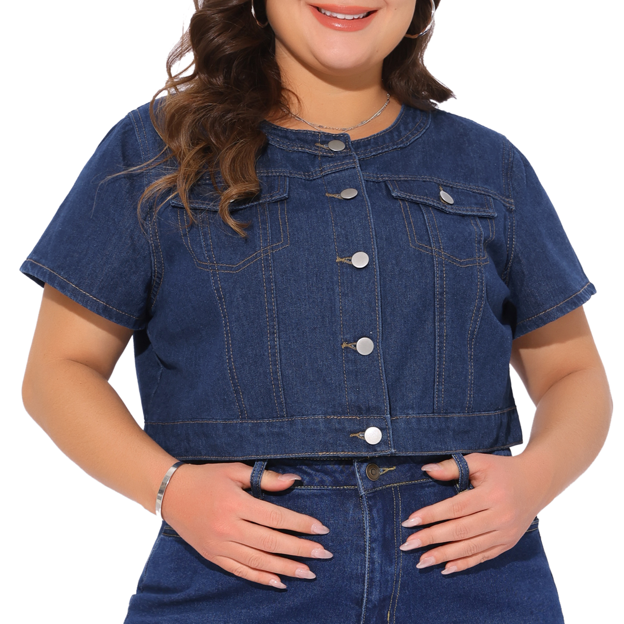 DARING DIVA Women's Plus Size Crew Neck Button Down Cropped Denim Vest 3X Dark Blue