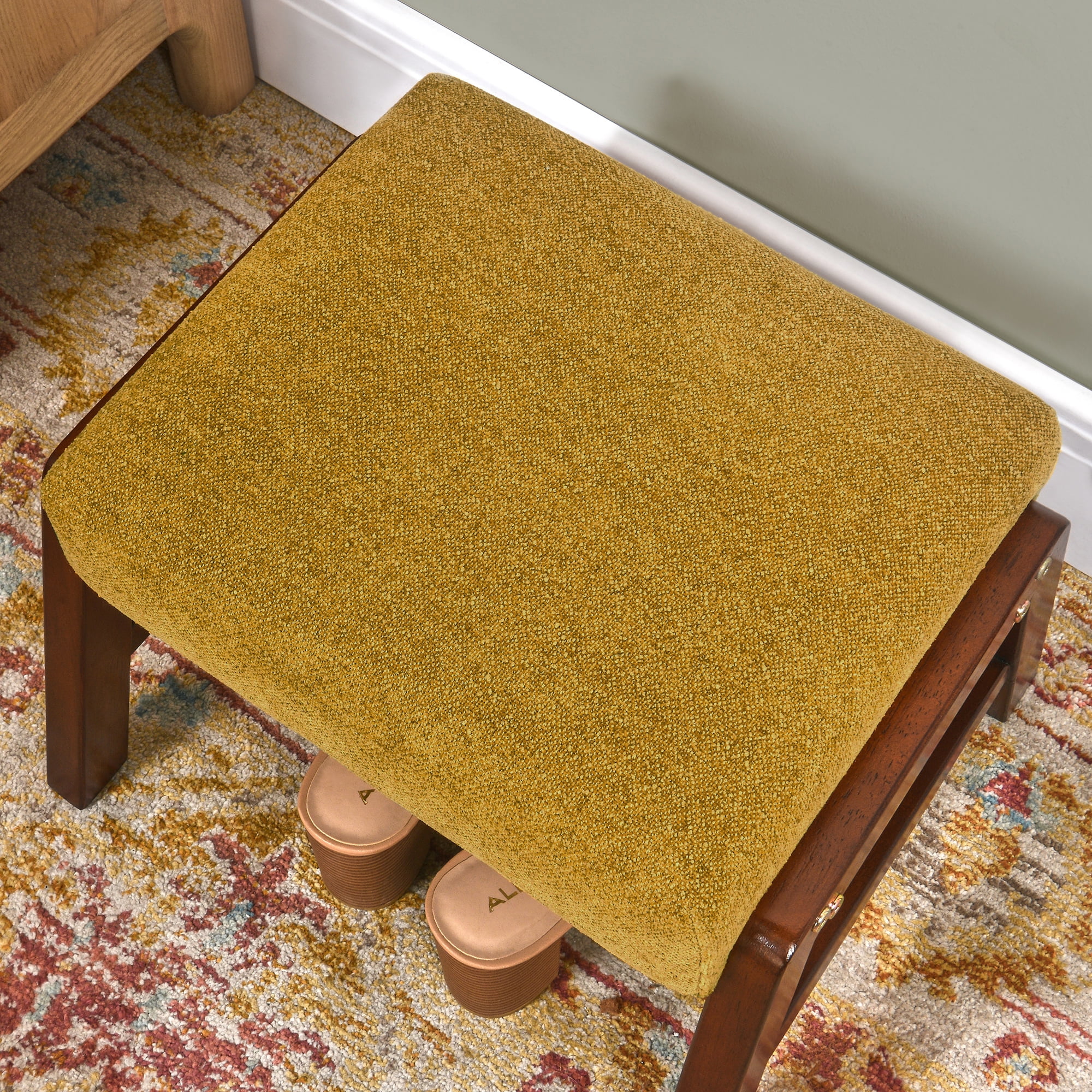 Small Footstool Ottoman, Fabric Wooden Foot Rest Ottoman with Wood Legs, Small Foot Stool Sofa Footrest Extra Seating for Living Room Entryway Office, Turmeric