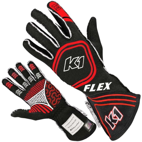 K1 23-FLX-NR-XL SFI 3.3/5 Flex Auto/Kart Racing Nomex Gloves, Black/Red, X-Large