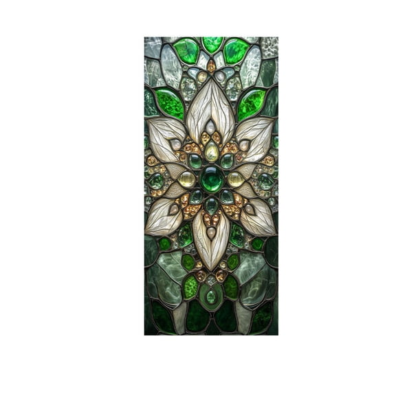 Vintage Green Floral Stained Glass Privacy Window Film, Static Cling No Residue Light Filtering Window Sticker, Waterproof Decor Cover for Bathroom Bedroom Glass Door 17.7"*39.3"