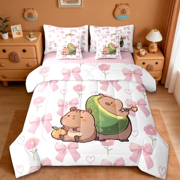 Erosebridal Capybara Animals 7-Piece Twin Bedding Sets,Cute Flowers Blossom Bedding Comforter Set For Kids Teens ,Reversible Pink