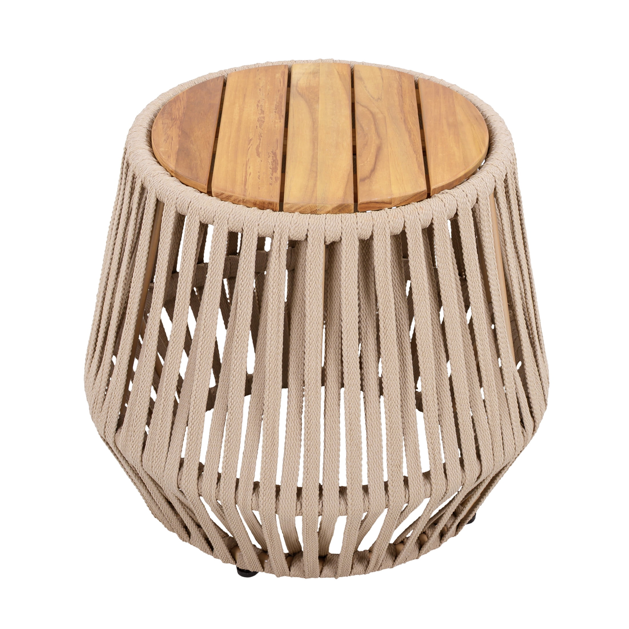 Christopher Knight Home Round Outdoor Acacia Wood Accent Side Table with Beige Rope, Light Teak Finish
