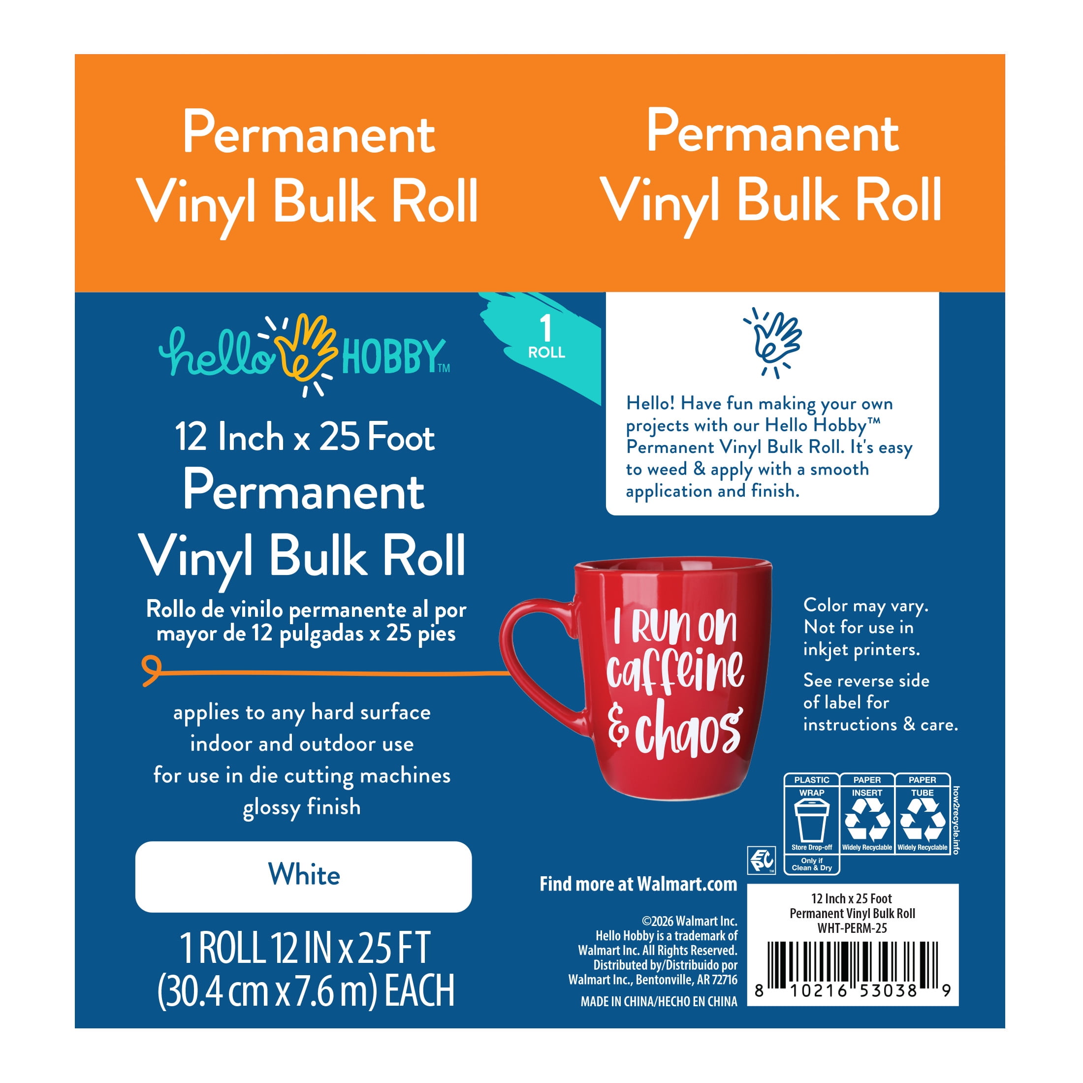Hello Hobby 12" x 25' White Permanent Craft Vinyl Bulk Roll