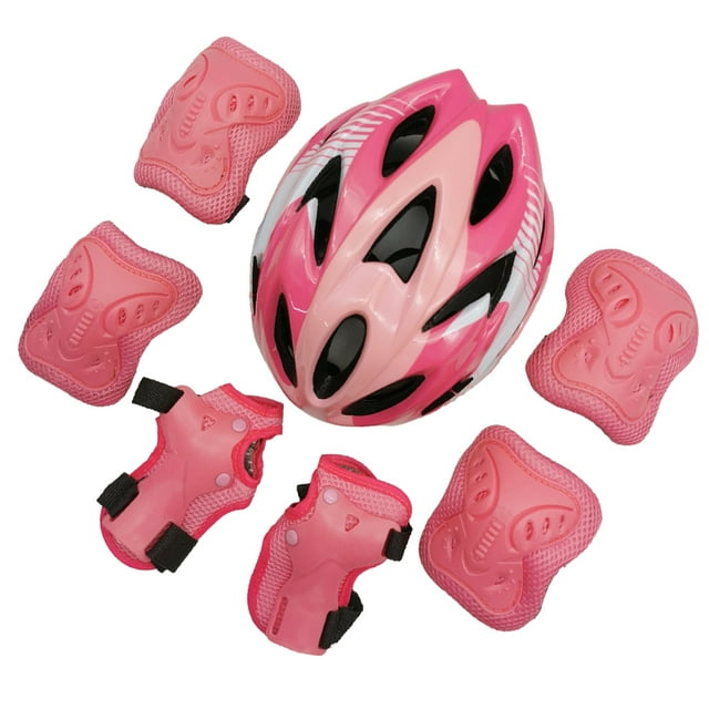 Greeniant Protector de patinaje sobre ruedas ajustable de 7 piezas Juego de cascos para niños pequeños Coderas patinar Tira blanca rosa Greeniant OD022039-01