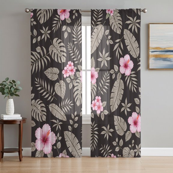 Sheer Curtain Panels Pink Hibiscus Floral Rod Pocket Voile Window Curtains Grey Tropical Monstera Leaves Window Treatments Privacy Curtain Drapes for Bedroom Living Room 2 Panel Set 84 Inch