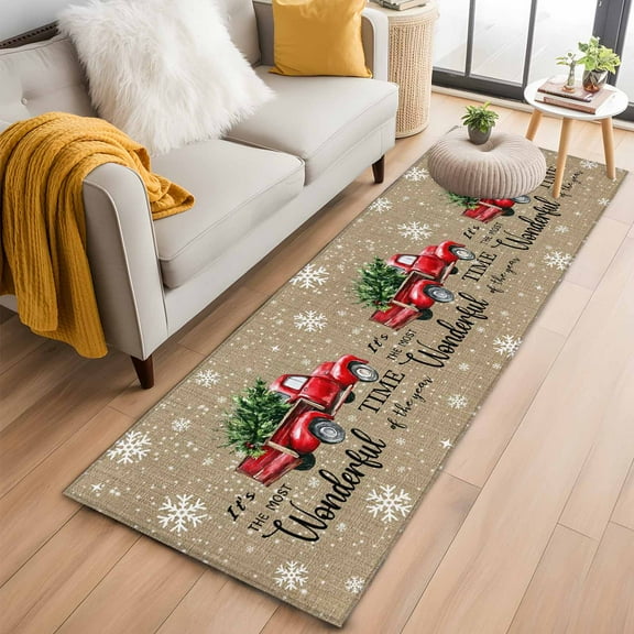 Christmas Kitchen Runner Rug 2x6 Washable Runners for Hallway Non Slip Red Truck Winter Snowflakes Xmas Pine Retro Brown Large Area Rug Indoor Floor Carpet for Bathroom Laundry Entryway Bedroom