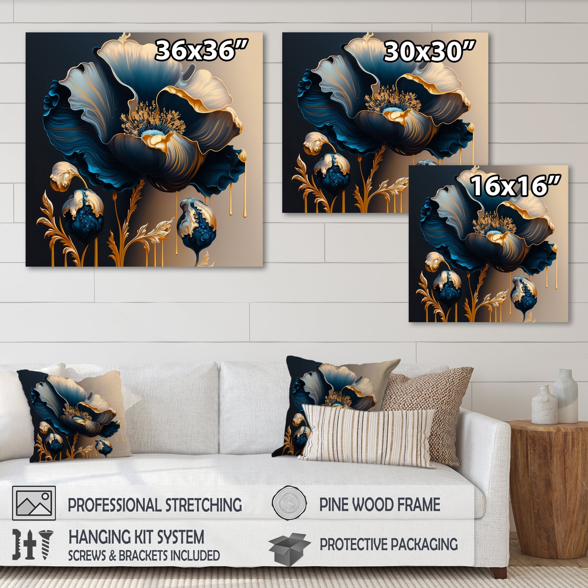 Designart Deep Blue And Gold Single Flower V Canvas Wall Art