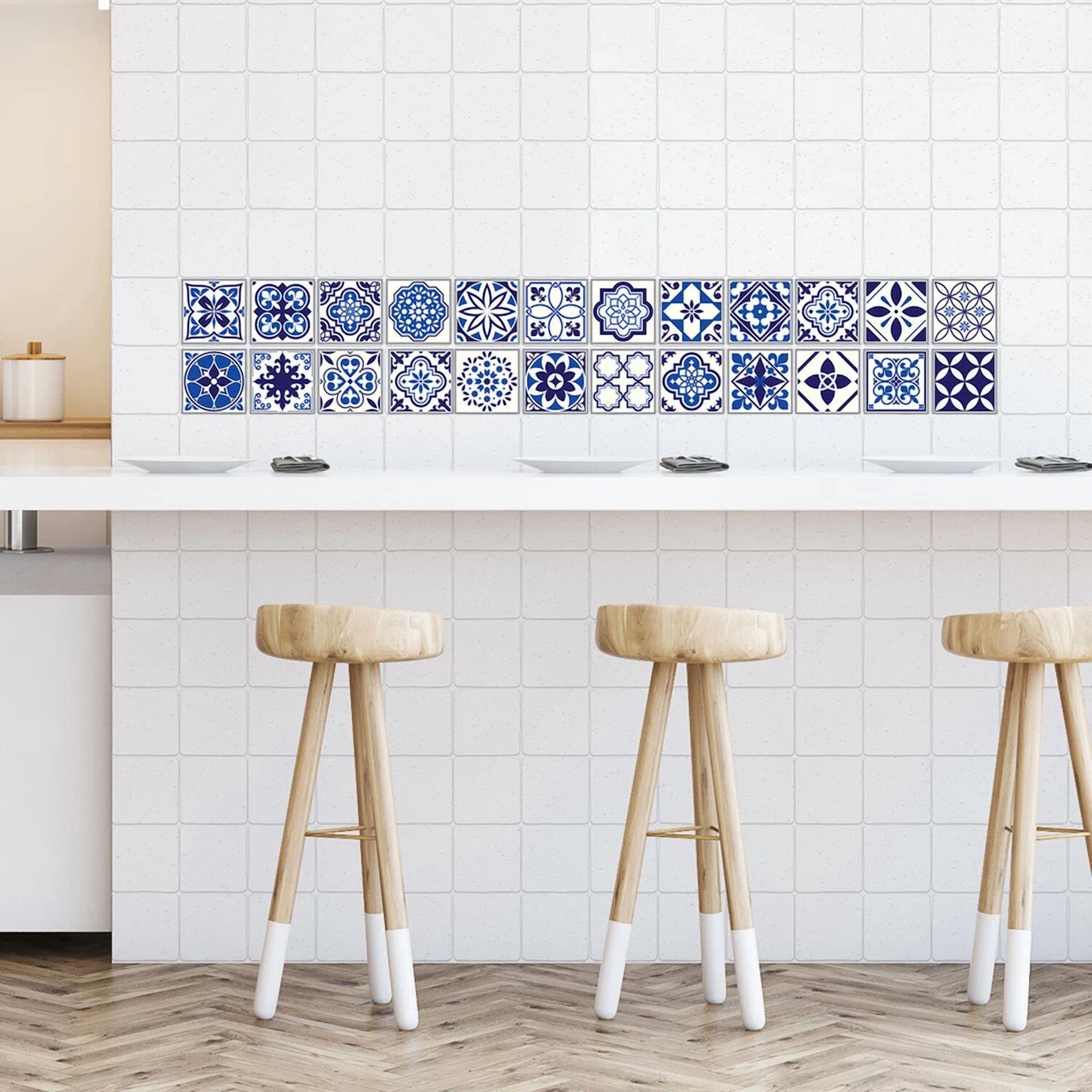 24Pcs 4"X4" Spanish Moroccan Blue Peel And Stick Tiles Sticker Backsplash Decals