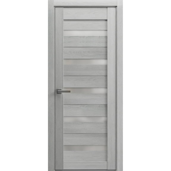 Solid French Door Frosted Glass | Quadro 4445 Light Grey Oak | Single Regular Panel Frame Trims Handle | Bathroom Bedroom Sturdy Doors -36" x 84"