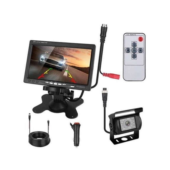 Fresh Fab Finds FFF-WithCord-GPCT3679 7 in. Screen Backup Camera System Vehicle Rear View Monitor Kit IP67 Waterproof Car Parking Reverse System with Night Vision for Car Trunk Van SUV, Black