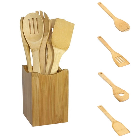 Bamboo Kitchen Utensils Set, 6-Piece Non-Stick Safe Spatula Spoon Set With Storage Holder For Cooking Baking Daily Use - Heat-Resistant Durable Wooden Utensils For Home Kitchens,