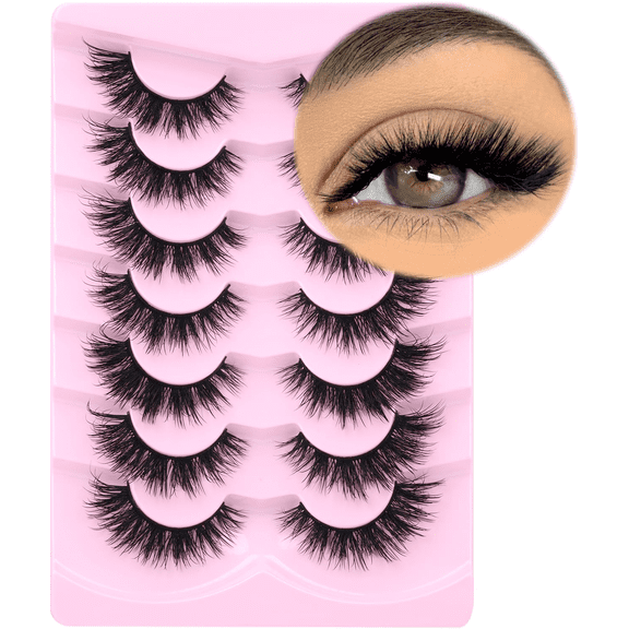 Fluffy Faux Mink False Eyelashes 7Pairs Full Volume Strip Lashes Winged Cat Eye