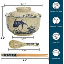 SHILIU-2 Pieces Ceramic Ramen Bowls, 25 Oz Large Soup Bowl with Lid, Spoon, Chopstick, Hand-painted Japanese Tableware for Noodles, Salad, Rice, Microwave Dishwasher safe