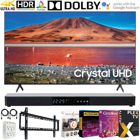 Samsung UN50TU7000 50-inch 4K Ultra HD Smart USA LED TV (2020 Model) 31-in Sound Bar Wall Mount Tech Televisions Essentials 2020 Surge Adapter (UN50TU7000FXZA 50TU7000 50" TV)