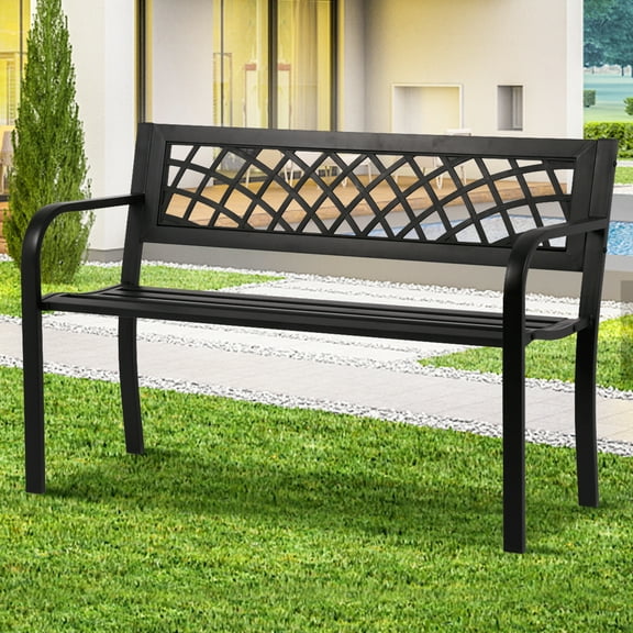 Dkeli Metal Bench Garden Bench with Back Porch Benches for Outdoor 400 lbs Cast Iron Steel Frame Chair w/PVC Mesh Pattern Waterproof Outdoor Bench for Patio,Yard Porch Work Entryway,Black