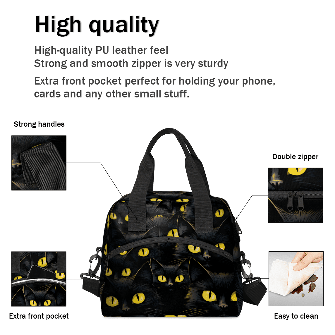 Herdesigns Funny Insulated Lunch Bag for Women Men Adults Large Reusable Lunch Box Black Cat Leakproof Cooler Tote Bags with Adjustable Shoulder Strap