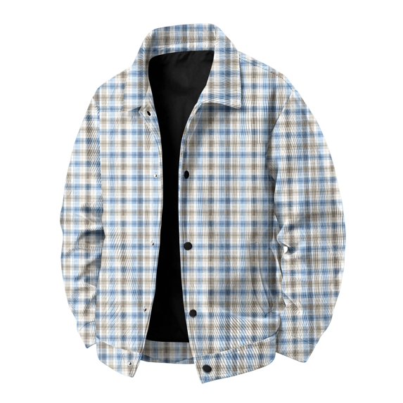 GrmtClth Mens Plaid Daily Travel Overshirt Jacket Long Sleeve Snap Front Loose Silhouette Daily Trip Outerwear Light Blue 3XL