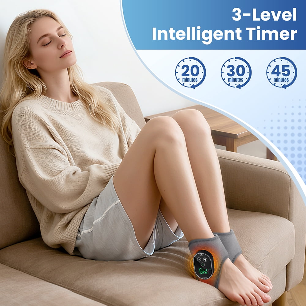 Ankle Heated Wrap Brace, Ankle Heating Pad, Cordless Ankle Massager with Heat with 4 Heat Levels, 3 Vibration & Timing Modes, 3000mAh Battery, Heated Ankle Wrap for Ankle Tension, Gray 2pcs