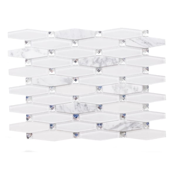 The Tile Life Carrara 12" x 12" Diamond White Polished Glass Mosaic Wall Tile, 1 Sheet